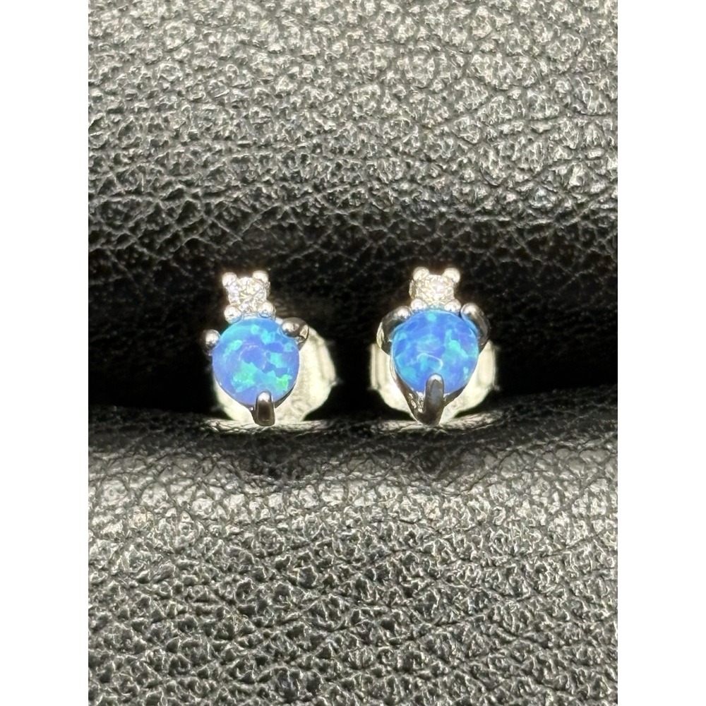 New Condition Sterling Silver Lab Blue Opal Dainty Studs Cubic Zirconia